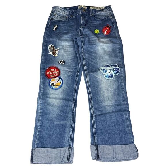 Indigo Rein Crop Jeans w/ Embroidered Patches | Y2K Boho | Size 5 - Picture 2 of 8